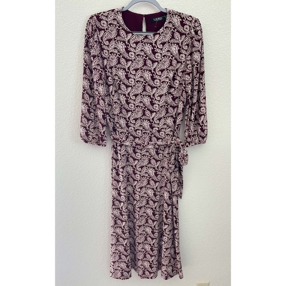 Lauren Ralph Lauren Dresses & Skirts - Lauren Ralph Lauren Paisley Belted Midi Dress 12 Maroon Stretch 3/4 Sleeve